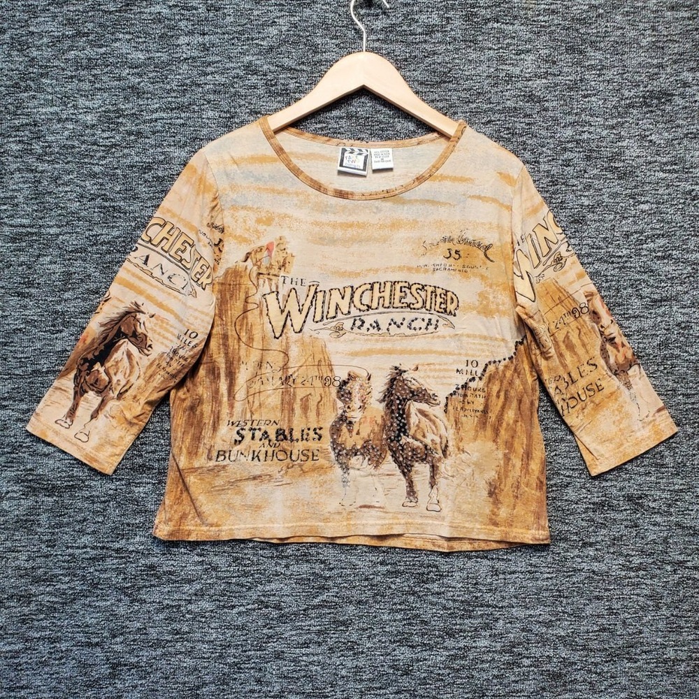 VTG Take Two Clothing Co Winchester Ranch Top Womens M Tan Western Horse Beaded